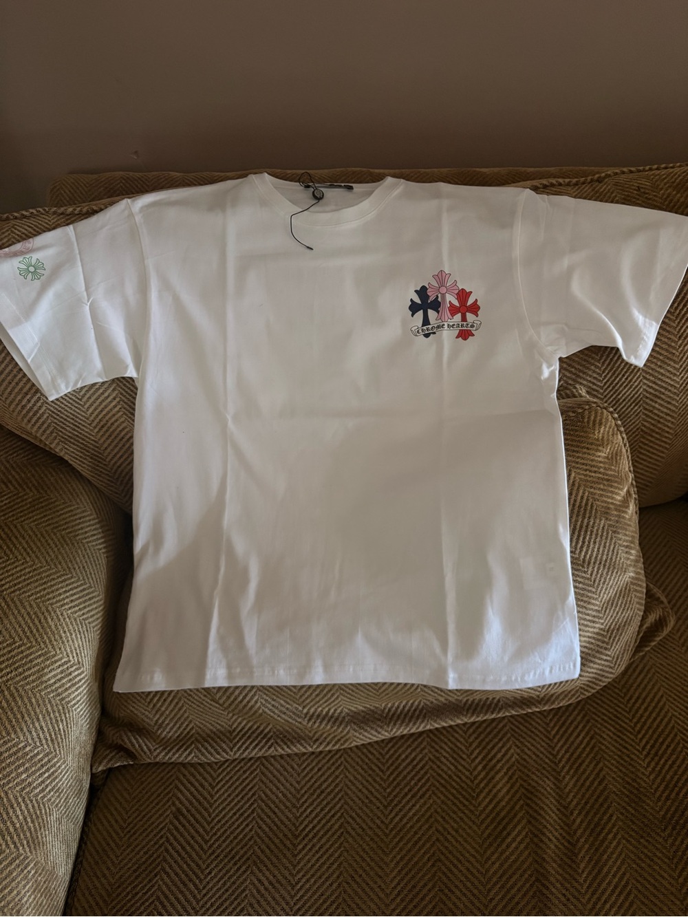 Chrome Hearts White Short-Sleeve Tee with Tricolor Cross Motif